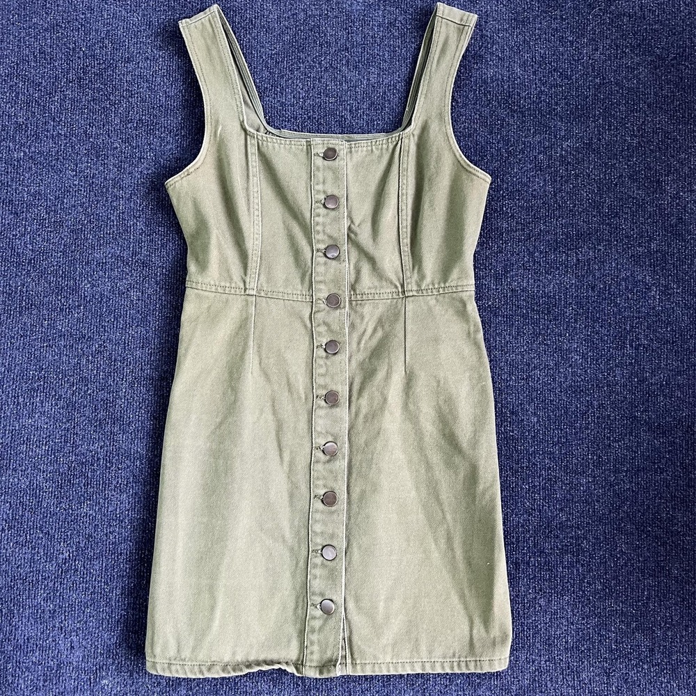Urban Outfitters Dress Womens 6 Green Button Front Denim Mini Pinafore Overall